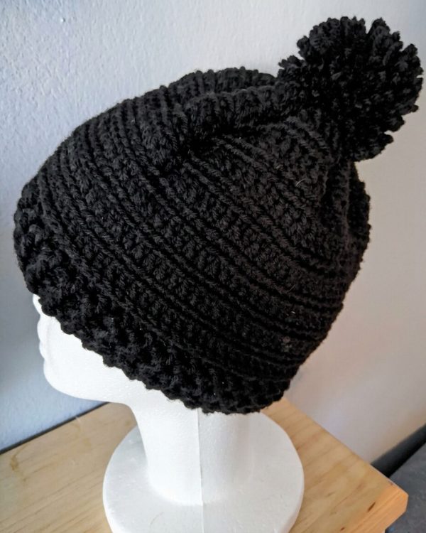 Noira Beanie — Black Crochet Beanie with Pom-Pom
